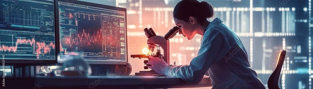 Aufkleber a creative depiction of a scientific discovery in progress, with a researcher examining a glowing sa