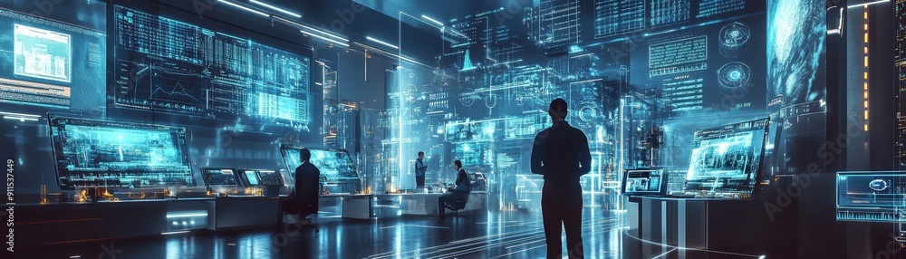 Aufkleber A futuristic research environment with scientists working on advanced robotics and technology, surrounded by holographic data and innovative tools