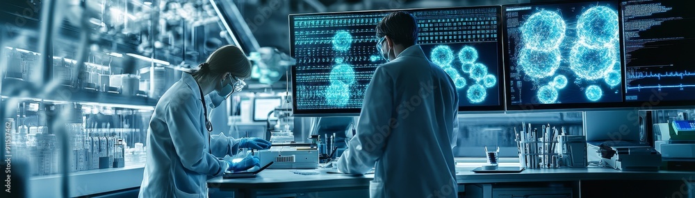 Aufkleber An engaging image of a team of biologists in a lab, using advanced equipment to study cellular processes, with detailed observations and data displayed on digital screens