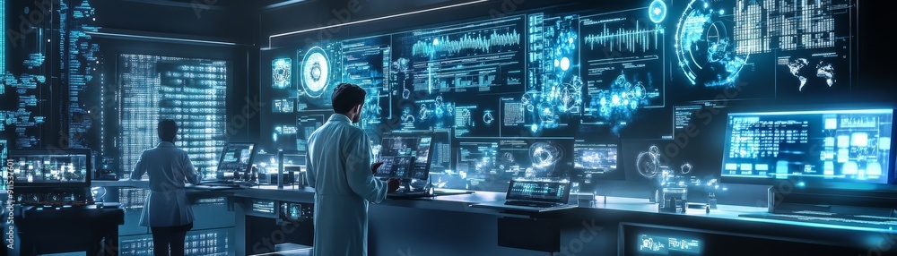 Aufkleber A futuristic laboratory with scientists using cutting-edge technology to analyze and interpret complex data sets, with digital displays showing advanced scientific formulas and observations