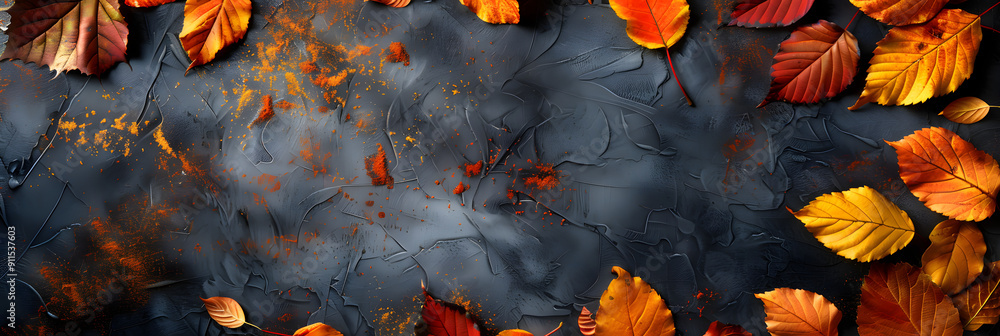 Poster autumn background with leaves on textured stone wall. top view. autumn banner template with space fo