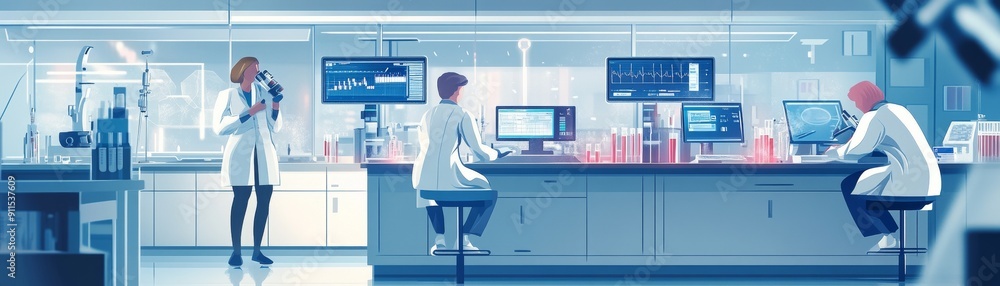 Fototapete A high-tech laboratory with scientists in white coats working with advanced equipment, including microscopes and computers, analyzing data 