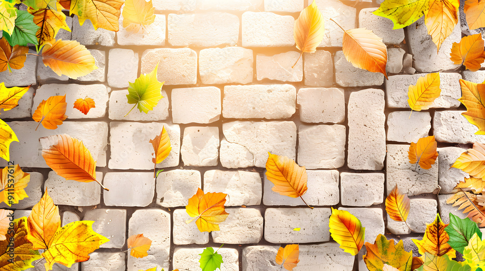 Poster autumn background with leaves on textured stone wall. top view. autumn banner template with space fo
