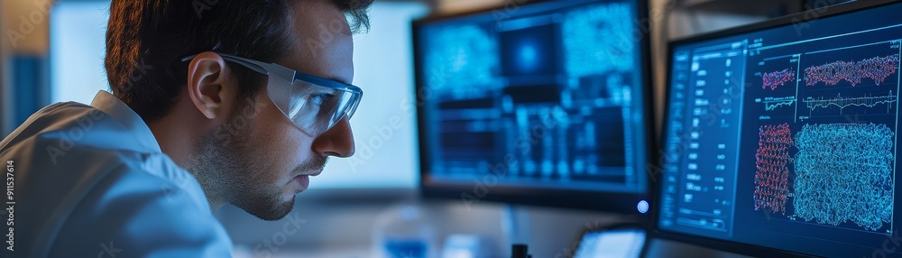 Aufkleber A captivating image of a scientist examining a sample with a laser scanning microscope, with detailed data and analysis displayed on high-tech screens