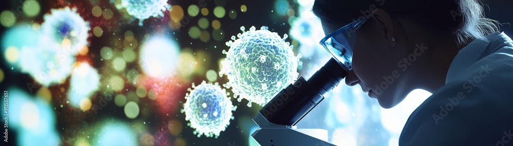 Aufkleber A dynamic scene of a scientist peering into a microscope with detailed, colorful images of cellular structures displayed on a screen, highlighting the precision and innovation of biological research
