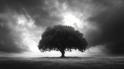 Obraz premium A dramatic and evocative photograph of a lone tree standing tall against a stormy sky, captured with sharp details and strong lighting.