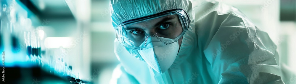 Aufkleber A scientist wearing protective gear in a high-tech laboratory, conducting an experiment with precise measurements and advanced technology, emphasizing the focus on accuracy and scientific inquiry