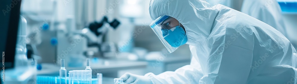Aufkleber A scientist wearing protective gear in a high-tech laboratory, conducting an experiment with precise measurements and advanced technology, emphasizing the focus on accuracy and scientific inquiry