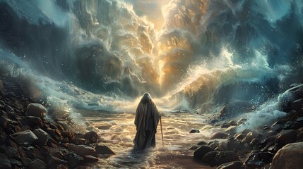 An epic depiction of Moses with unwavering faith, parting the Red Sea, opening a path through the waters, intense atmosphere, intricate details, rich colors, realistic textures,
