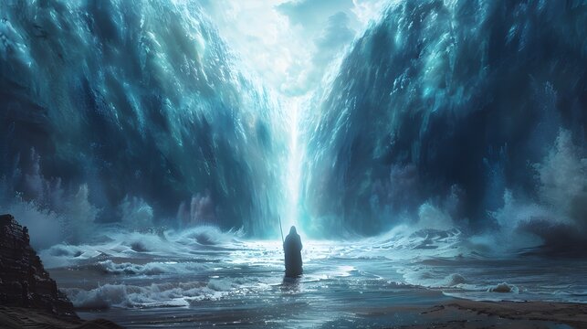 An epic depiction of Moses with his staff, parting the Red Sea, the waters forming towering walls on either side, intense atmosphere, intricate details, rich colors, realistic textures,