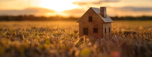 A small wooden house in a field of grass, bathed in the warm golden light of a sunset, evokes a feeling of peace and tranquility. 
