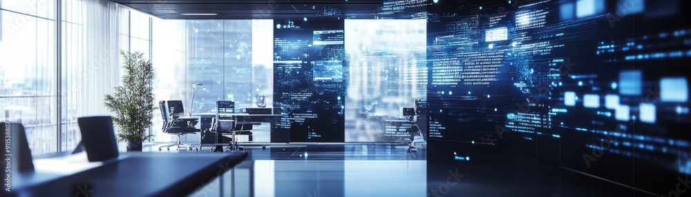Poster A futuristic office environment with automated systems and smart devices seamlessly integrated into the workspace, showcasing the potential of technology to enhance productivity