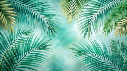 Obraz premium Tropical Dream: A Tapestry of Palm Leaves in a Pastel Teal Paradise AI generated