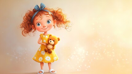 Fototapeta premium Charming Cartoon Poster of a Shy Girl with Curly Red Hair and Teddy Bear: Perfect for Whimsical Children's Room or Playroom Decor