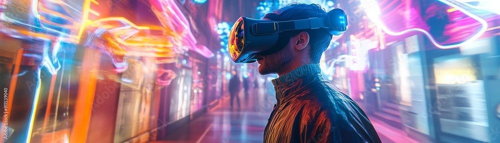 Poster an engaging virtual reality experience with users wearing vr headsets interacting with a vibrant, di