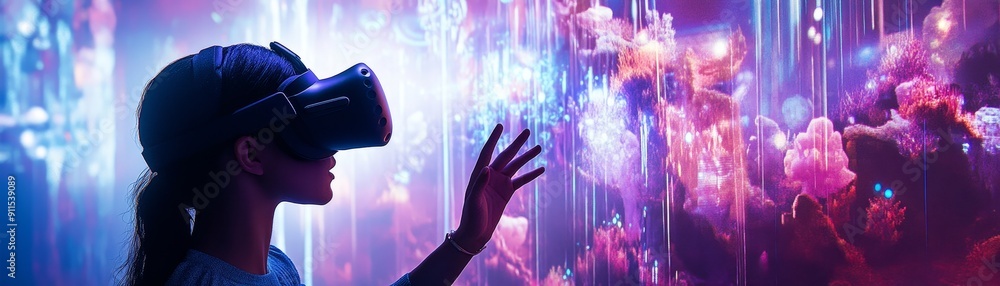 Poster an engaging virtual reality experience with users wearing vr headsets interacting with a vibrant, di