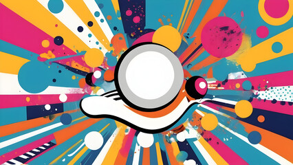 Fototapeta premium Vibrant background texture filled with bold, contrasting colors and graphic elements. Mix of geometric shapes and dynamic patterns, with clean, thick lines and a playful, retro-inspired palette.