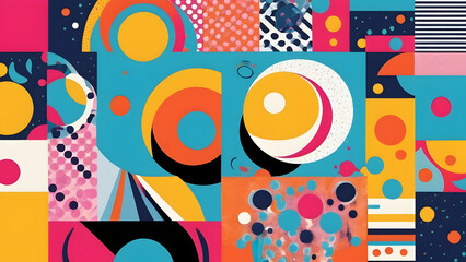 Obraz premium Vibrant background texture filled with bold, contrasting colors and graphic elements. Mix of geometric shapes and dynamic patterns, with clean, thick lines and a playful, retro-inspired palette.