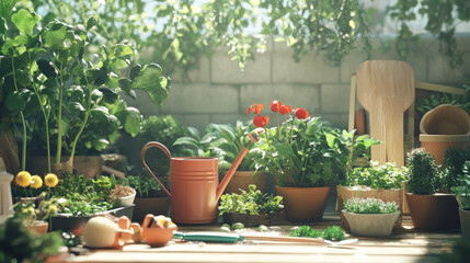 Incorporate gardening tools and accessories, such as watering cans, trowels, pots, and garden gloves, to create a sense of the gardening process and the care involved in cultivating plants. 