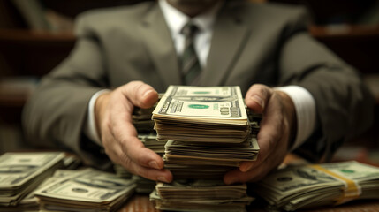 busines man in a bank with money give you money represent corruption	