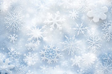 A snowy background with many snowflakes scattered throughout. The snowflakes are all different sizes and shapes, creating a sense of movement and depth