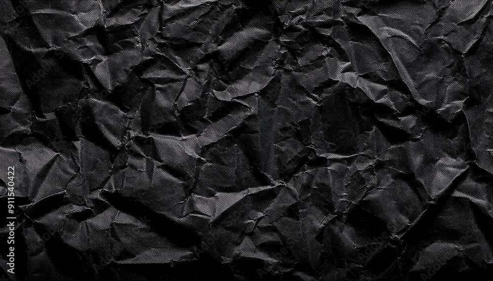 Poster textured black wrinkled paper. close-up of crumpled black fabric material with intricate fold patter