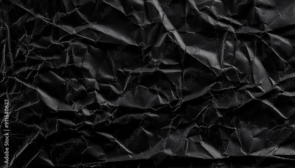Poster textured black wrinkled paper. close-up of crumpled black fabric material with intricate fold patter