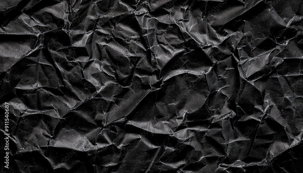 Poster textured black wrinkled paper. close-up of crumpled black fabric material with intricate fold patter