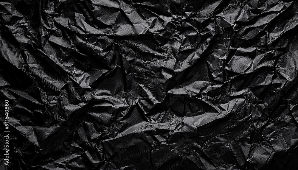 Poster textured black wrinkled paper. close-up of crumpled black fabric material with intricate fold patter