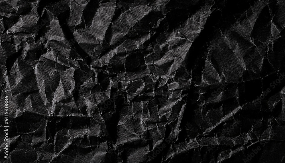 Poster textured black wrinkled paper. close-up of crumpled black fabric material with intricate fold patter