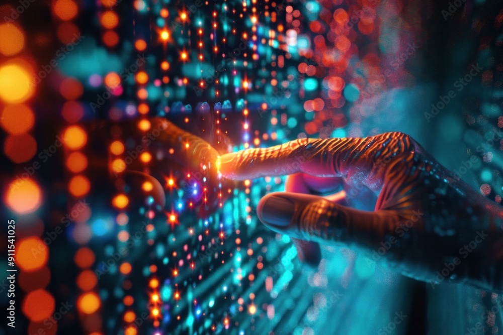 Poster futuristic close up of a human finger touching a glowing, digital interface with colorful data patte