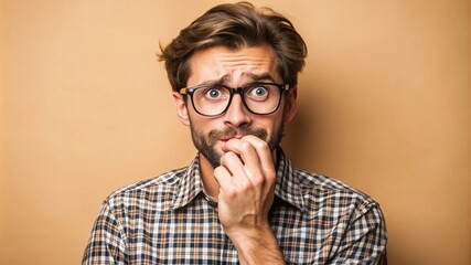 Nervous man with glasses biting nails against beige background.