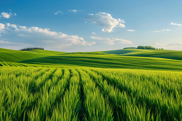 Obraz premium A landscape of green wheat fields.