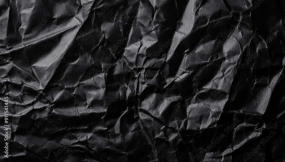Poster textured black wrinkled paper. close-up of crumpled black fabric material with intricate fold patter