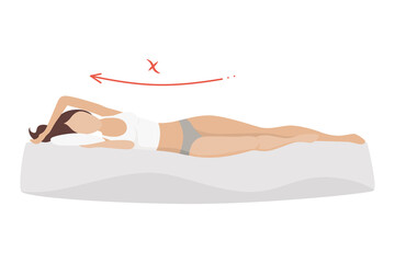 Incorrect sleeping body posture. Not healthy sleeping position spine in various mattresses and pillow. Caring for health of back, neck.  illustration