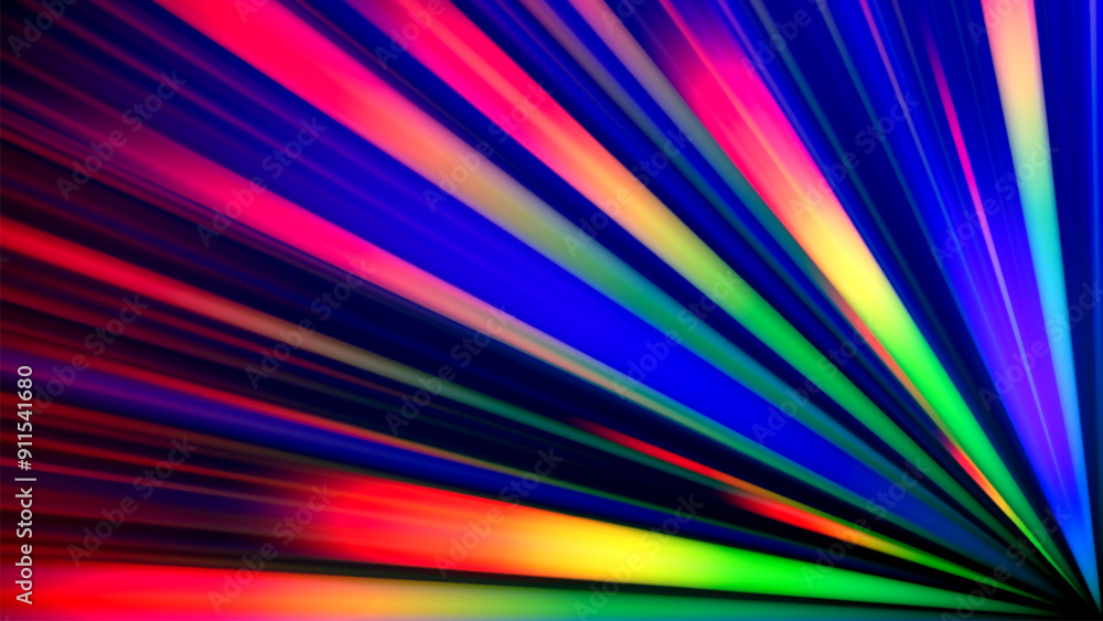 Poster rainbow gradient dispersion glowing rays and flare effects on dark background. dynamic design with c