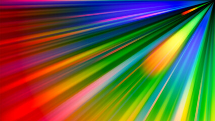 Rainbow gradient dispersion glowing rays and flare effects on dark background. Dynamic design with colorful flowing vibrant radiant beams for creative poster, banner or cover. Vector illustration