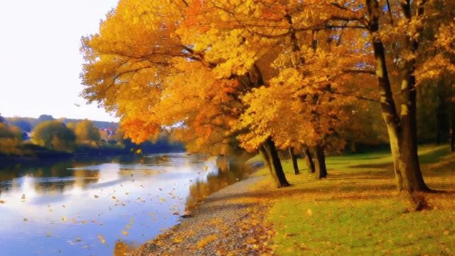 Folhas de outono caindo de uma linda arvore &agrave;s margens de um rio.