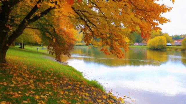 Folhas de outono caindo de uma linda arvore &agrave;s margens de um rio.