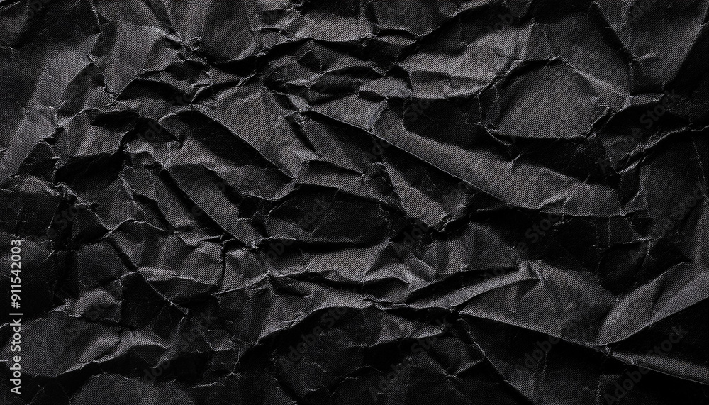 Poster textured black wrinkled paper. close-up of crumpled black fabric material with intricate fold patter