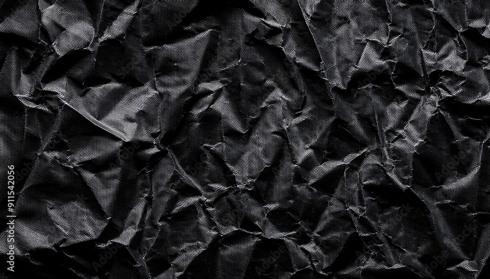 Poster Textured Black Wrinkled Paper. Close-Up of Crumpled Black Fabric Material with Intricate Fold Patterns and Subtle Light Reflections