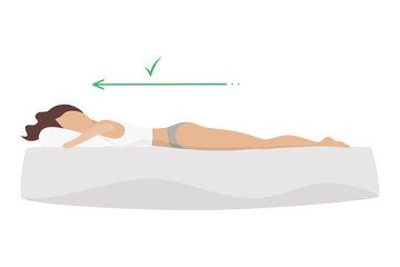 Correct sleeping body posture. Healthy sleeping position spine on orthopedic mattress and pillow. Caring for health of back, neck.  illustration