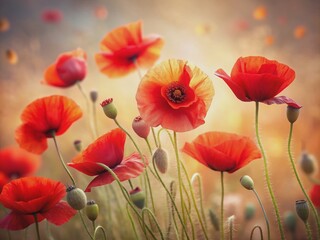 Obraz premium Vibrant red poppies sway gently in the breeze, set against a soft, creamy background with subtle texture, creating a stunning and serene floral landscape.