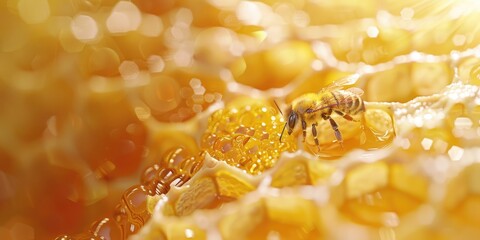 Young Queen Bee Initiates Egg Laying Process in Honeycomb