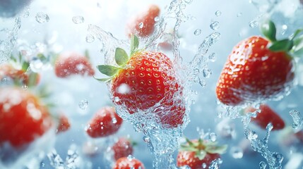 Design a vibrant advertisement template featuring fresh strawberries in mid-air with dynamic water splashes surrounding them, leaving ample space in the center for promotional text and details