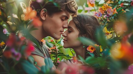 Naklejka premium Sweet kiss on the forehead in a blooming garden full of vibrant flowers and greenery