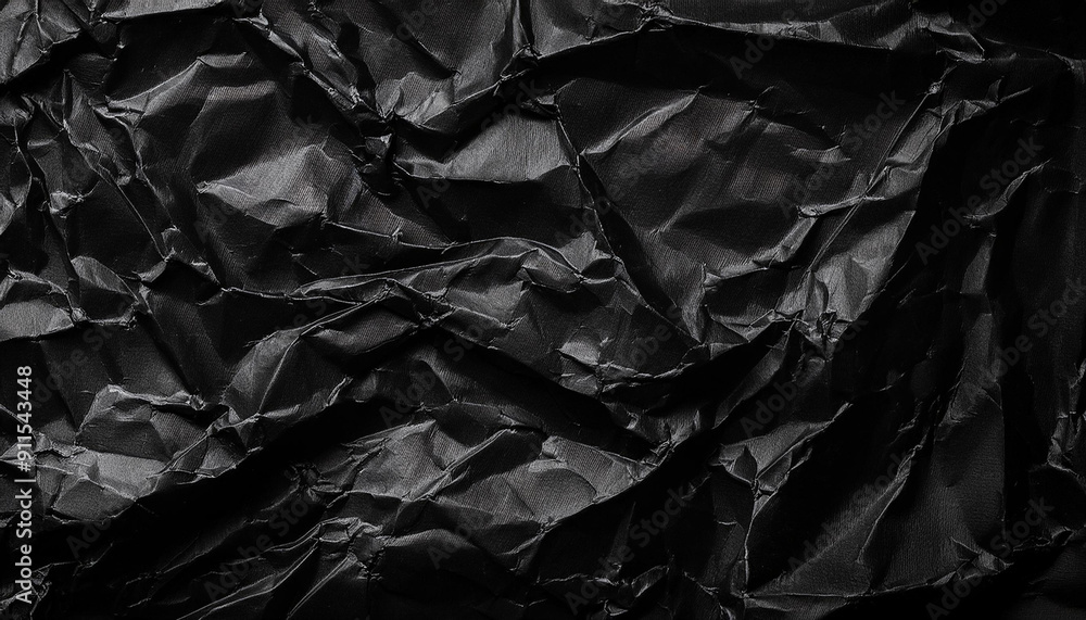 Poster Textured Black Wrinkled Paper. Close-Up of Crumpled Black Fabric Material with Intricate Fold Patterns and Subtle Light Reflections