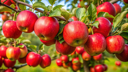 Obraz premium Apple trees in the garden with ripe red apples ready for harvest. 