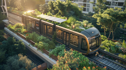 Naklejka premium Modern Eco-Friendly Tram with Green Roof in Urban Setting