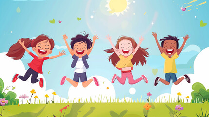 Happy children jumping, embodying the carefree joy of childhood, illustrated in a cartoon style.

